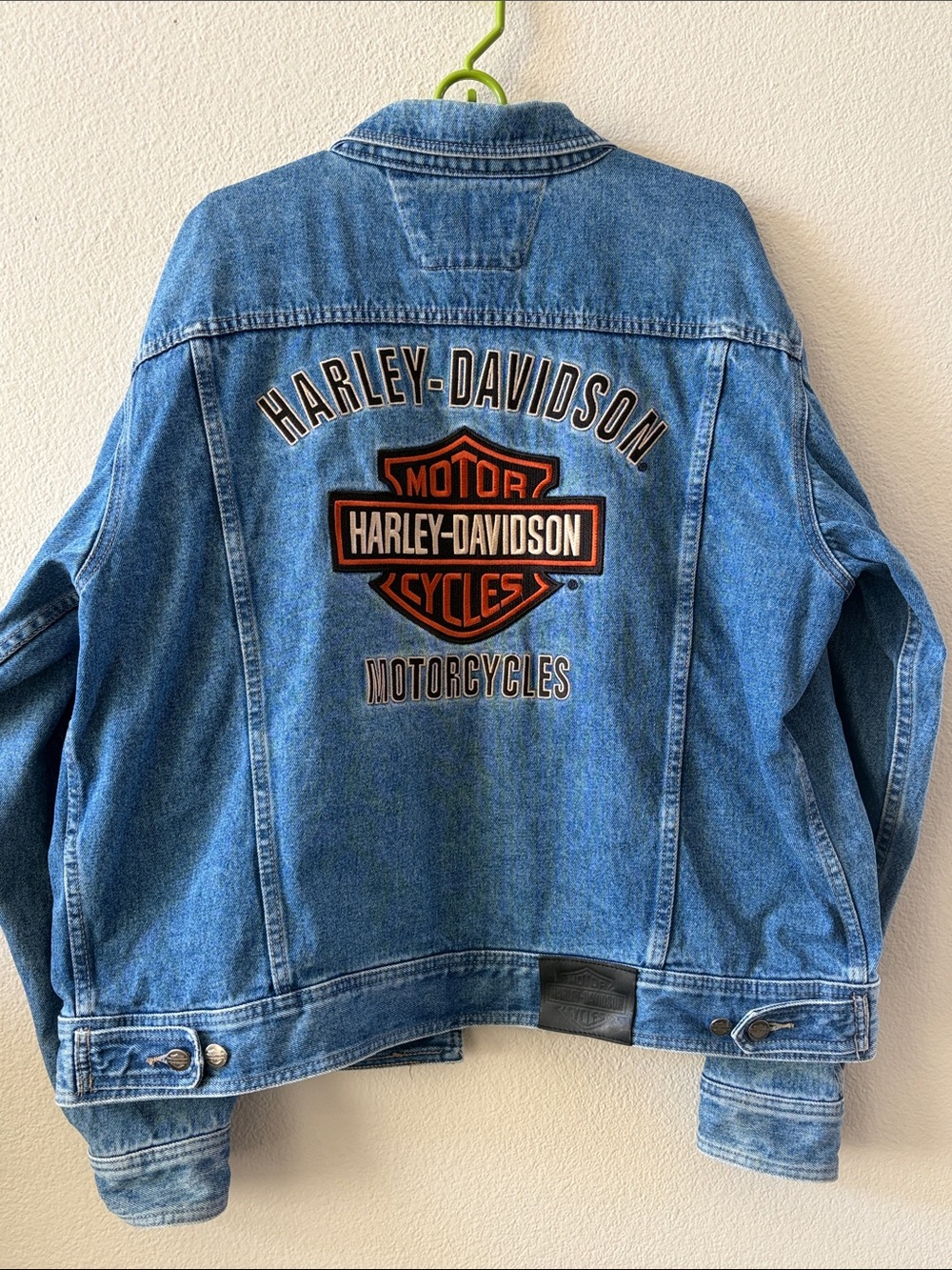 Harley-Davidson Blue Denim Jacket with Orange & Black Back Patch